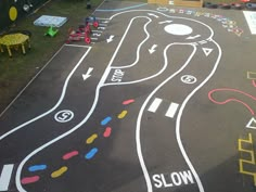 an overhead view of a child's play area with chalk drawings on the ground