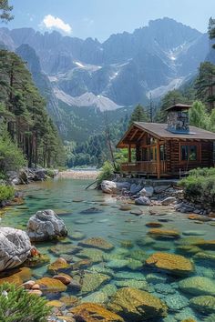 there is a small cabin on the shore of a mountain stream that runs through it