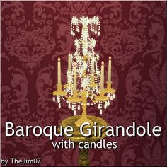 a chandelier with candles in front of a red wallpapered background that reads, barque girandole with candles