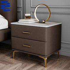 a night stand with two drawers and a mirror on the top, next to a bed