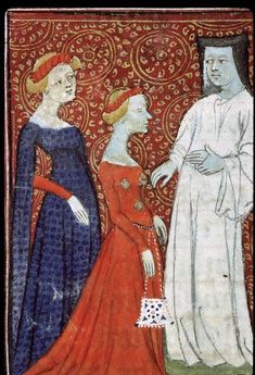 an image of a medieval scene with two women and a man standing next to each other