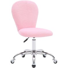 a pink office chair with chrome wheels and casteors on an isolated white background,