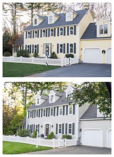 two pictures of a large white house with black shutters on the front and side