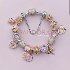 Aesthetic Pandora Charm Bracelet, Silver And Rose Gold Pandora Bracelet, Pandora Bracelet Theme, Charm Bracelets For Girls, Pretty Jewelry Necklaces