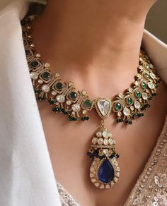 Fine Sabyasachi Inspired Gold Plated Emerald Green Sapphire Blue Wedding Jewelry Kundan Set With Earrings Indian Pakistani Wedding Jewelry - Etsy Sabyasachi Inspired Jewelry, Jwellary Unique Indian, Royal Jewelry Indian, Polki Designs, Emerald Jewelry Earrings, Wedding Necklace Gold, Sapphire Blue Wedding, Pakistani Wedding Jewelry, Necklace Set Indian Bridal Jewelry