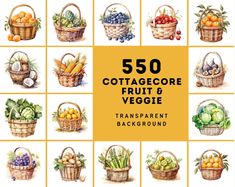 50 watercolor fruits and vegetables in baskets with the title 350 cottage core fruit & veggie transparent background