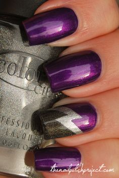 NOTD: Tape Manicure – Lightning Bolt Black And Silver Nail Designs, Silver Nail Designs, Purple Nail Art, Purple Nail Designs, Silver Nail, Great Nails, Nail Polish Designs, Hot Nails