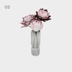 three pink flowers in a clear vase on a white background with the number 30 written below it