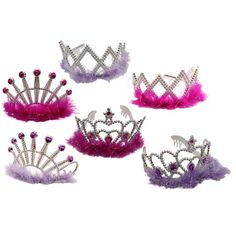 four tiaras with purple and pink feathers on them, all in the same design