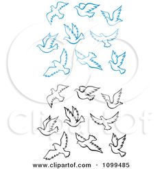 several birds flying in the air with blue and black outlines on white paper, including one