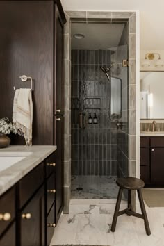 a walk in shower sitting inside of a bathroom next to a sink and counter top