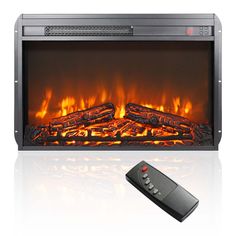 a remote control sitting next to an electric fireplace