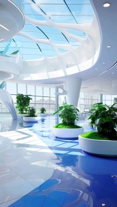 an indoor swimming pool with plants in it