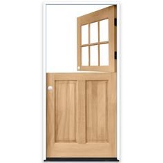 a wooden door with an open window on the front and side panels, isolated against a white background