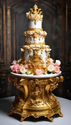 a gold and white wedding cake with pink flowers on top is sitting on a table