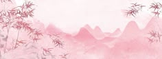 a pink watercolor painting with bamboo trees and mountains