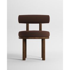 the back side of a chair with a brown upholstered seat and wooden legs