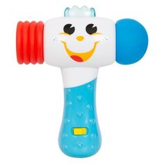 a blue and white toy with a smiling face on it's head is shown