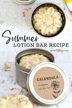 Calendula is more than just a garden beauty; it also has a long-standing reputation as a natural anti-inflammatory skincare treatment. These lotion bars are made with grapeseed oil infused with calendula petals to give them a beautiful golden hue and all the delightful skin properties of calendula. #calendula #flowers #skincare #moisturizing #garden #recipe #natural #DIY #gardentherapy