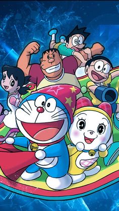 cartoon characters are riding on an inflatable float with blue lights behind them,