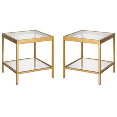 a pair of side tables with glass tops and gold metal frame, one on each side