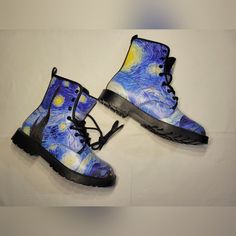 Galartsy Starry Night Canvas Boots Brand New No Tags Size 7 Starry Night Canvas, Western Dress With Boots, Suede Combat Boots, Plaid Heels, Platform Chelsea Boots, Womens Combat Boots, Canvas Boots, Boot Straps, Studded Boots