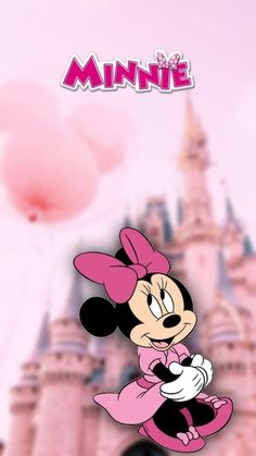 minnie mouse in front of a castle with the word minnie on it's face