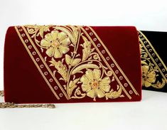 "Luxury red velvet evening bag hand embroidered with gold metallic flowers and embellished with genuine amethysts and garnets, to create an opulent, dazzling 3D effect. Expertly hand embroidered by the most skilled zardozi artisans. Add an eye-catching pop of color, texture and sparkly bling to your overall party look. It is just the right size to hold your essentials for the night - phone, credit cards, money, keys and lipstick. The shoulder strap keeps your hands free for carrying a drink or h Elegant Gold Bag With Zari Work, Elegant Gold Bags With Zari Work, Luxury Evening Bag With Gold Embroidery For Wedding, Gold Evening Bag For Formal Festive Occasions, Gold Evening Bag For Formal Festive Events, Red Evening Bag For Festive Occasions, Festive Gold Evening Bag For Formal Events, Traditional Gold Evening Bag For Formal Events, Elegant Festive Bag With Gold Embroidery