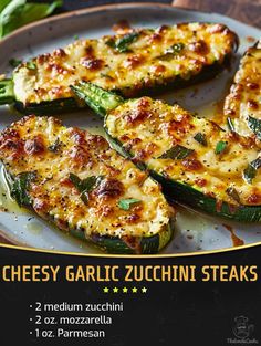 grilled cheese zucchini steaks on a plate with basil leaves in the background