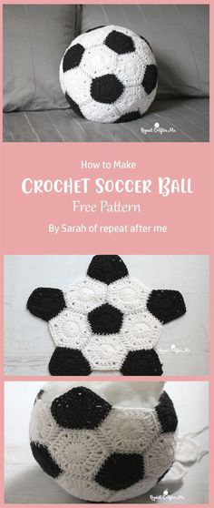 crochet soccer ball with black and white dots on it, sitting on top of a