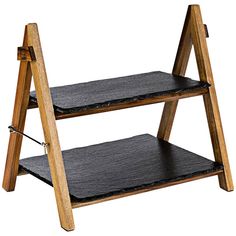 two tiered wooden step stool with black leather seat padding on the bottom shelf