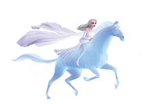 a woman riding on the back of a blue horse with long white wings flying above her