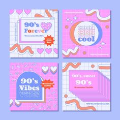 four different valentine's day cards with the words 90, sweet and 90's