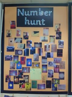 a bulletin board covered in pictures and magnets with the words number hunt written on it