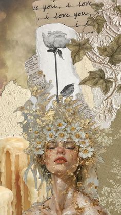 a woman with flowers on her head is surrounded by papers and laces, which are all over the place