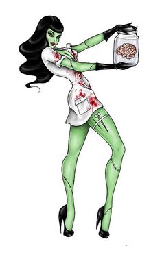 a drawing of a woman with green skin and black hair holding a jar of food