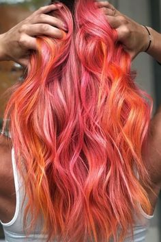 Pink And Orange Balayage, Summer Pink Hair, Fun Fashion Color Hair, Fun Hair Colors For Summer, Fashion Color Highlights, Peach And Pink Hair, Fun Summer Hair, Flamingo Hair, Pink Orange Hair Color