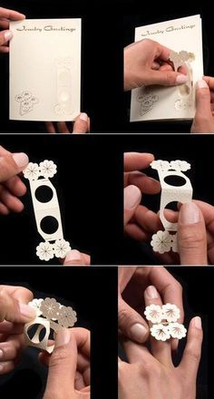 the process of making a card with paper flowers and scissors is shown in four different stages