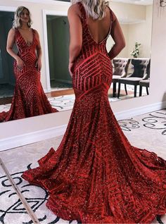 Fitted V-neck Mermaid Dress For Prom Season, Fitted Mermaid Dress For Homecoming, Fitted Mermaid Dress With Mermaid Hem For Homecoming, Fitted Mermaid Dress With Sweep Train, Red Mermaid Dress With Sweep Train, Red Fitted Mermaid Dress With Sweep Train, Red Fitted Fishtail Mermaid Dress, Red Fitted Mermaid Dress With Fishtail, Red V-neck Mermaid Dress For Prom