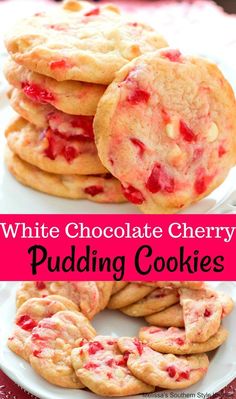 white chocolate cherry pudding cookies on a plate