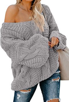 Astylish Womens Chunky Off Shoulder Loose Fit Oversize Knitted Pullover Sweater Jumper Gray Medium at Amazon Women’s Clothing store Leopard Satin Dress, Oversized Pullover Sweaters, Oversize Pullover, Pull Oversize, Pullover Mode, Sweater Outfit, Stylish Sweaters, Cable Sweater, Oversized Pullover