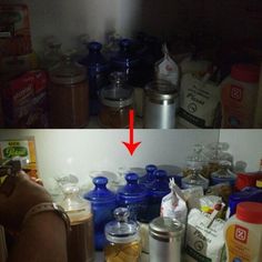 two pictures showing the inside of a refrigerator with food and condiments in it