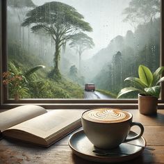 a cup of coffee sitting on top of a wooden table next to an open book