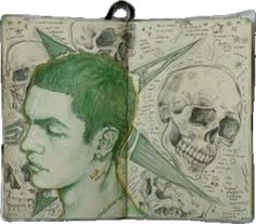 a drawing of a young man with green hair and skulls on the wall behind him