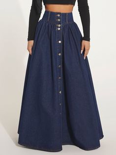 Dark Wash Casual Collar  Denim Plain A Line Embellished Non-Stretch  Women Clothing Long Chiffon Skirt, Fringe Fashion, Trendy Denim, Denim Skirt Women, Outfit Jeans, Jeans Rock, Skirt Design, Mode Vintage, Casual Denim