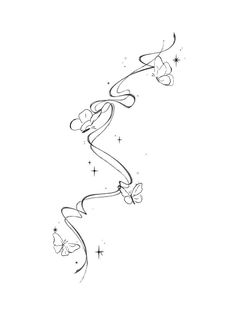 a line drawing of a butterfly and swirly lines with stars on the bottom right side