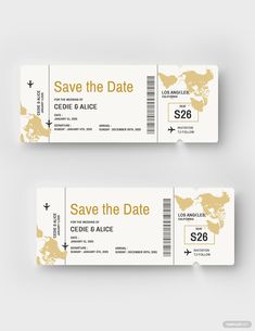 two white and gold tickets with an airplane on the front one is for save the date