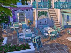 The Sims Resource - Greek Restaurant // no CC Sims Greek House, Sims 4 Tartosa Restaurant, Restaurant Sims 4, Sims 4 Restaurant, Sims 4 Houses Layout, Sims Memes, Greek Restaurant, Die Sims 4