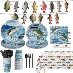 a table with fish on it and place settings