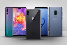 four different models of the new samsung galaxy s9 and iphone 9s, all in various colors